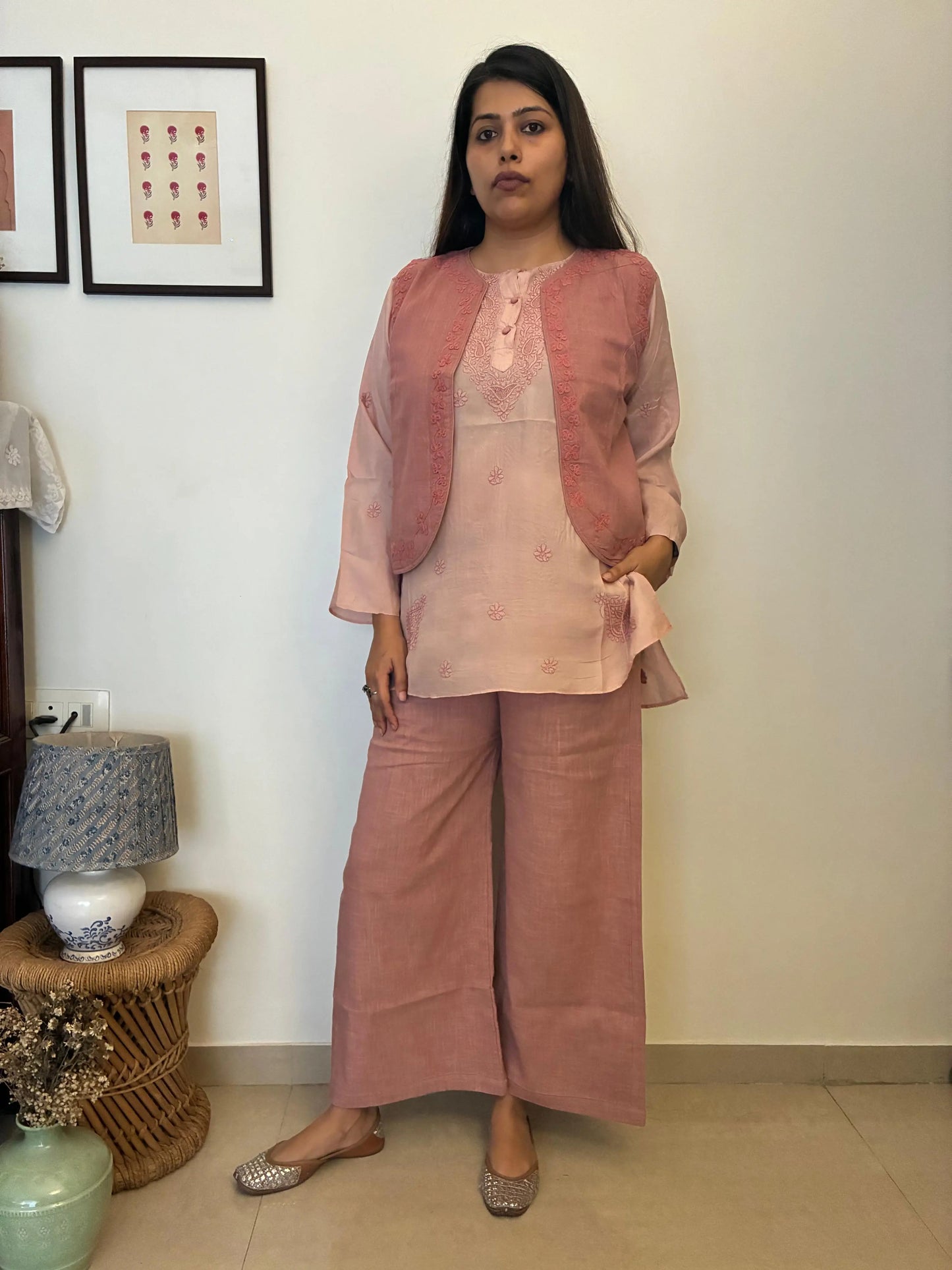 Amhara Chikankari Koti Set (3 Pieces) - Dusky Rose