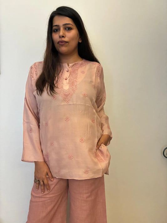 Amhara Chikankari Silk Co-ord Set (2 Pieces) - Dusky Rose